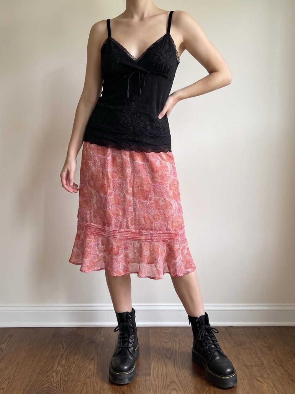 y2k fairy boho cottagecore pink paisley flowy ruffle hem midi skirt size large
